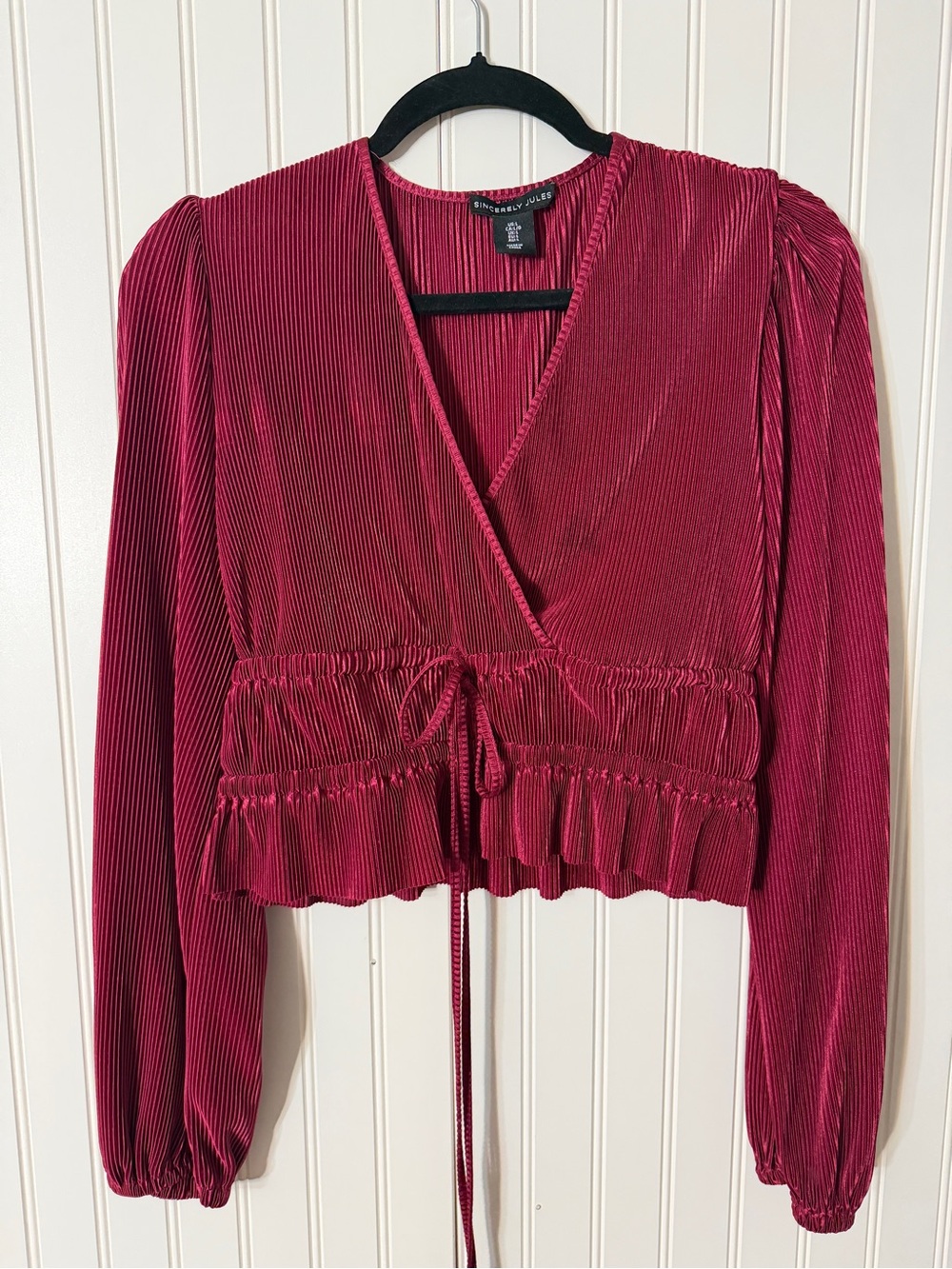 Sincerely Jules Pleated Silky Wrap Cropped Blouse in Raspberry